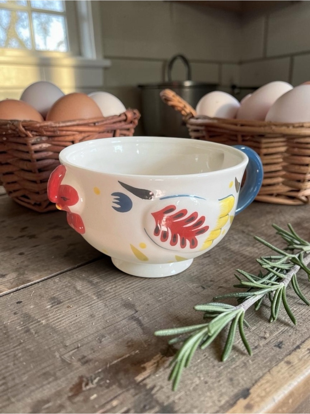 Hand-Painted Ceramic Chicken Soup Mug - White with Red, Yellow & Blue Accents